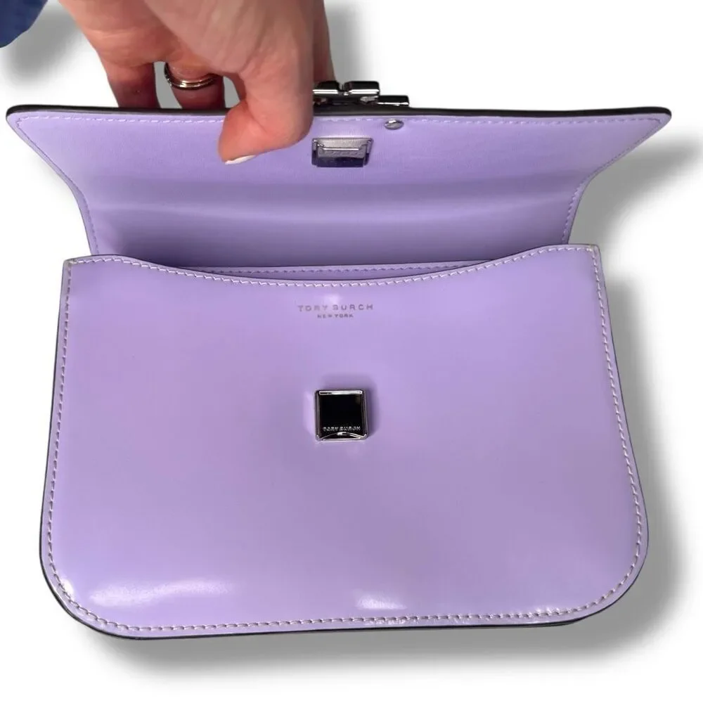 Tory Burch Purple Lavender Patent Leather Silver Logo Chain Britten Shoulder Bag